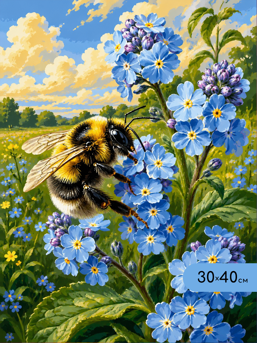 Картина по номерам 30*40 Шмель и незабудки