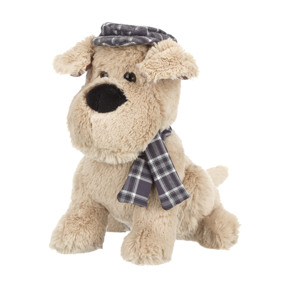 Собака бежевая в кепочке и шарфике 20см